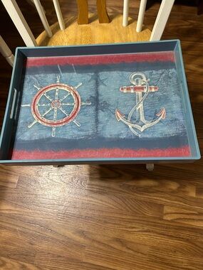 Nautical Serving Tray with Anchor & Ship Wheel - Blue and Red